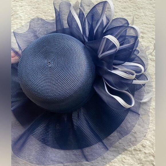 NEW Derby Hat Church Formal Dress Navy Royal Blue and White Feather Fascinator - Picture 10 of 10